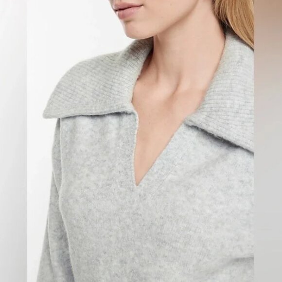 EXPRESS Light Gray Soft Knit V Neck Collared Sweater Size L NWT $88 - Picture 3 of 10